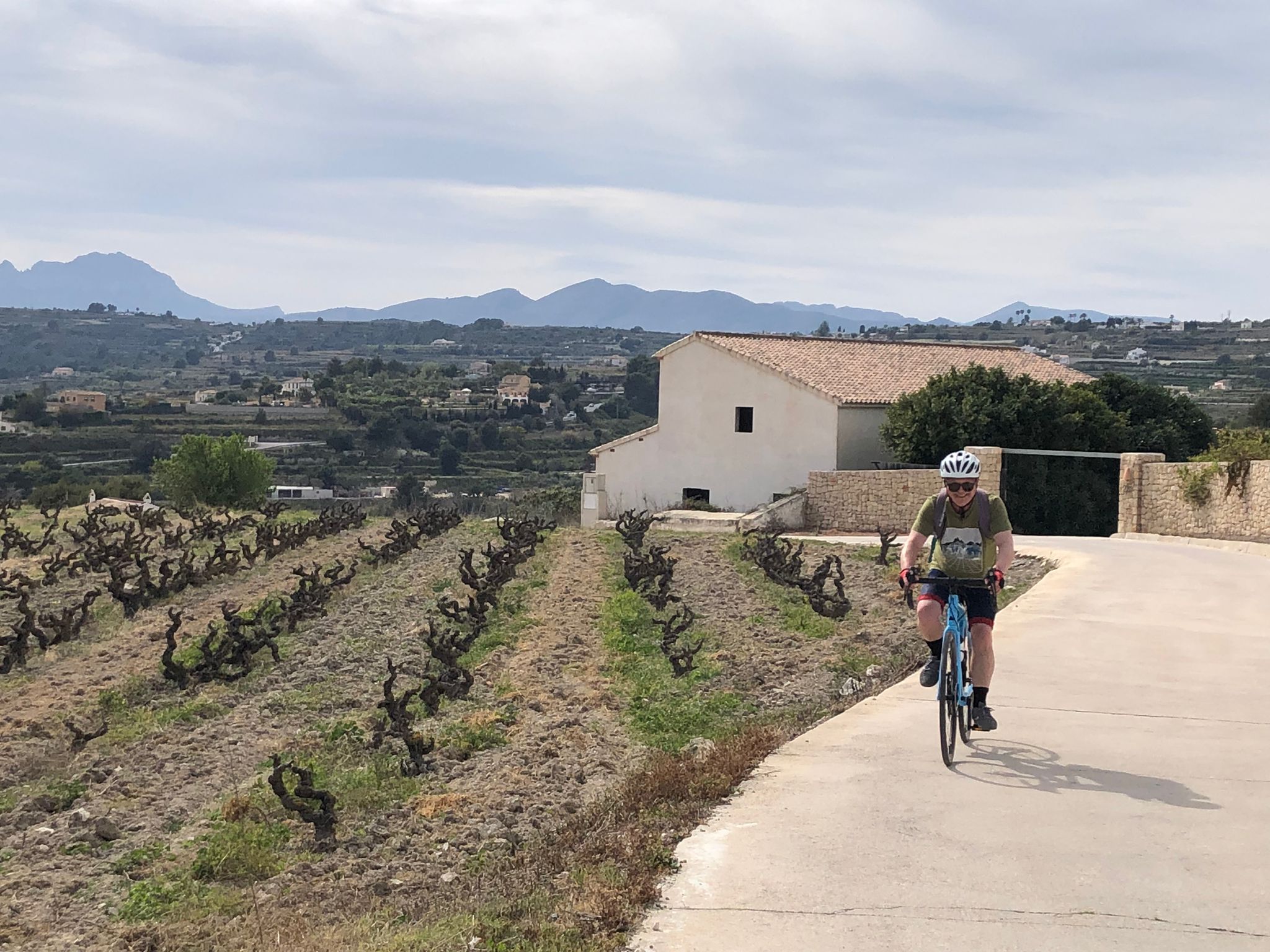 click to enlarge! Andy Nich cycling thru vineyard
